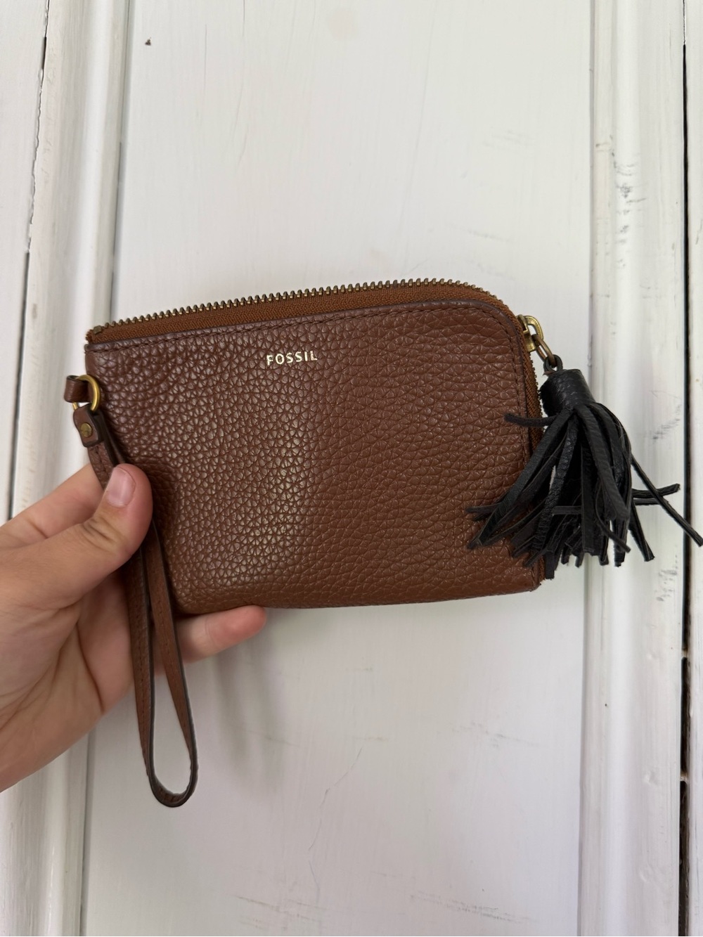 Fossil Brown Pebbled Leather Wristlet with Black Tassel